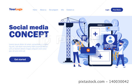 Social media vector landing page template with header. Online communication app web banner, homepage design with flat illustrations. Network users cartoon characters. Keeping in touch concept Social media vector landing page template with header. Online communication app web banner, homepage design with flat illustrations. Network users cartoon characters. Keeping in touch concept 140030042