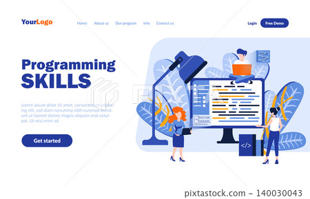 Programming skills vector landing page template with header. Software development web banner, homepage design with flat illustrations. Programmers cartoon characters. Web coding concept 140030043