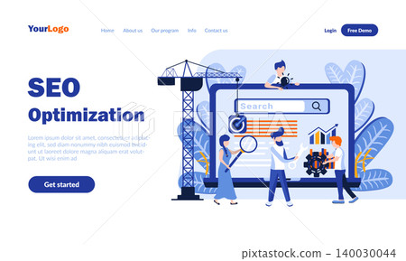 Seo optimization flat landing page template with header. Business promotion strategy building web banner, homepage design. Digital marketing vector illustration. Smm development concept 140030044