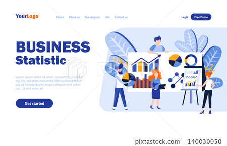 Business statistics flat landing page template with header. Financial service web banner, homepage design. Data analysis vector illustration. Business research and forecast department concept Business statistics flat landing page template with header. Financial service web banner, homepage design. Data analysis vector illustration. Business research and forecast department concept 140030050