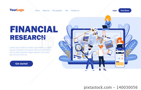 Financial research flat landing page template with header. Data analysis web banner, homepage design. Analytics and statistics vector illustration. Information overview, business forecast concept Financial research flat landing page template with header. Data analysis web banner, homepage design. Analytics and statistics vector illustration. Information overview, business forecast concept 140030056
