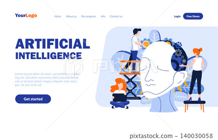 Artificial intelligence flat landing page template with header. Scientific development web banner, homepage design. Smart cyborg invention vector illustration. Science, technology, cybernetics concept Artificial intelligence flat landing page template with header. Scientific development web banner, homepage design. Smart cyborg invention vector illustration. Science, technology, cybernetics concept 140030058