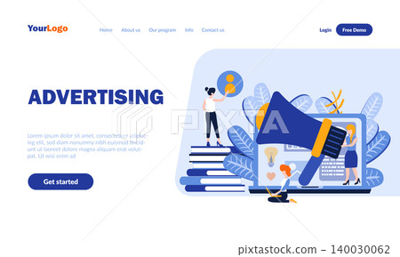 Advertising flat landing page template with header. Product promotion web banner, homepage design. Internet advertisement vector illustration. Digital marketing, e-commerce concept Advertising flat landing page template with header. Product promotion web banner, homepage design. Internet advertisement vector illustration. Digital marketing, e-commerce concept 140030062