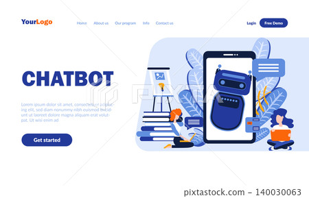 Chatbot flat landing page template with header. Online support, dialog help service web banner, homepage design. Robot assistant mobile app vector illustration. Virtual communication concept Chatbot flat landing page template with header. Online support, dialog help service web banner, homepage design. Robot assistant mobile app vector illustration. Virtual communication concept 140030063