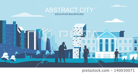 Vector illustration in simple flat style - university, college campus with students - abstract horizontal banner and education background with copy space for text - header image for landing page. Vector illustration in simple flat style - university, college campus with students - abstract horizontal banner and education background with copy space for text - header image for landing page. 140030071