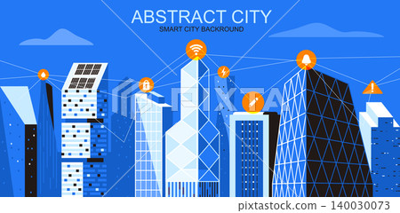 Vector illustration in simple flat style - cityscape with wireless information network - abstract IOT banner and smart city background with copy space for text - header image for landing page. Vector illustration in simple flat style - cityscape with wireless information network - abstract IOT banner and smart city background with copy space for text - header image for landing page. 140030073