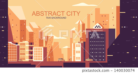 Vector illustration in simple flat style - urban landscape with yellow cabs - abstract horizontal city travel banner and taxi background with copy space for text - header image for landing page. Vector illustration in simple flat style - urban landscape with yellow cabs - abstract horizontal city travel banner and taxi background with copy space for text - header image for landing page. 140030074