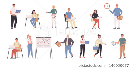 Company staff, businessmen and businesswomen flat vector illustrations set. Time management, workflow optimization. People at workplace cartoon characters bundle isolated on white background Company staff, businessmen and businesswomen flat vector illustrations set. Time management, workflow optimization. People at workplace cartoon characters bundle isolated on white background 140030077