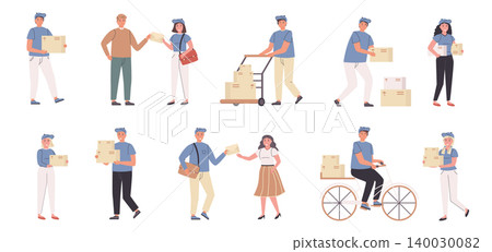 Deliverymen and addressees flat vector illustrations set. Parcel delivery, shipping service. People with mailings, couriers and consignees cartoon characters bundle isolated on white background Deliverymen and addressees flat vector illustrations set. Parcel delivery, shipping service. People with mailings, couriers and consignees cartoon characters bundle isolated on white background 140030082