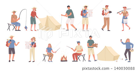Camping trip, leisure at nature, eco friendly rest flat vector illustrations set. Fishing, campfire, mushroom picking. Campers, resting people cartoon characters bundle isolated on white background Camping trip, leisure at nature, eco friendly rest flat vector illustrations set. Fishing, campfire, mushroom picking. Campers, resting people cartoon characters bundle isolated on white background 140030088