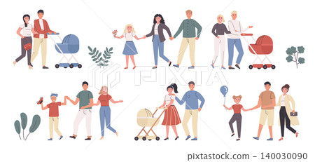 Family leisure, entertainment, outside walk flat vector illustrations set. Mother and father with kids. Parents and children, people outdoors cartoon characters bundle isolated on white background Family leisure, entertainment, outside walk flat vector illustrations set. Mother and father with kids. Parents and children, people outdoors cartoon characters bundle isolated on white background 140030090