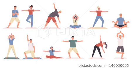 Yoga poses and exercises flat vector illustrations set. Sport and relaxation, healthy lifestyle. Yogi cartoon characters, people in different asanas bundle isolated on white background Yoga poses and exercises flat vector illustrations set. Sport and relaxation, healthy lifestyle. Yogi cartoon characters, people in different asanas bundle isolated on white background 140030095