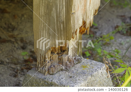 Wooden pillars damaged by aging and termite infestation. Wooden pillars damaged by aging and termite infestation. 140030126