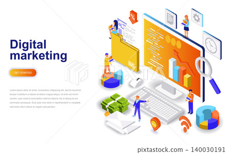 Digital marketing modern flat design isometric concept. Advertising and people concept. Landing page template. Conceptual isometric vector illustration for web and graphic design. Digital marketing modern flat design isometric concept. Advertising and people concept. Landing page template. Conceptual isometric vector illustration for web and graphic design. 140030191