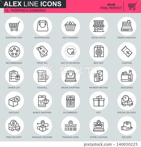 Thin line online shopping and e-commerce icons set for website and mobile site and apps. Contains such Icons as Basket, Delivery, Price Tag. 48x48 Pixel Perfect. Editable Stroke. Vector illustration. Thin line online shopping and e-commerce icons set for website and mobile site and apps. Contains such Icons as Basket, Delivery, Price Tag. 48x48 Pixel Perfect. Editable Stroke. Vector illustration. 140030225