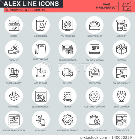 Thin line shopping and e-commerce icons set for website and mobile site and apps. Contains such Icons as Delivery, Payment, Store, Commerce. 48x48 Pixel Perfect. Editable Stroke. Vector illustration. Thin line shopping and e-commerce icons set for website and mobile site and apps. Contains such Icons as Delivery, Payment, Store, Commerce. 48x48 Pixel Perfect. Editable Stroke. Vector illustration. 140030239