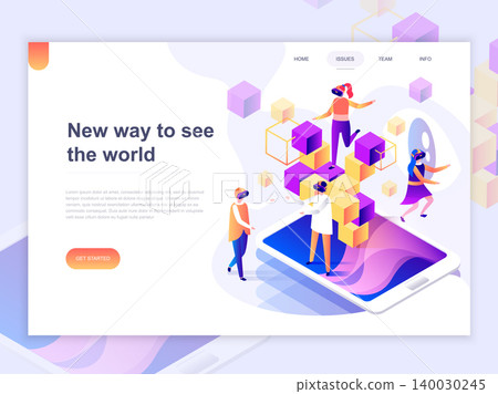 Landing page template of virtual augmented reality glasses concept with people learning and entertaining. 3D isometric concept of web page design for website and mobile website. Vector illustration. Landing page template of virtual augmented reality glasses concept with people learning and entertaining. 3D isometric concept of web page design for website and mobile website. Vector illustration. 140030245