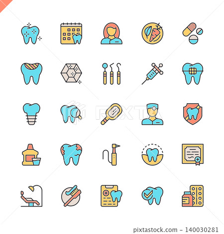 Flat line dental icons set for website and mobile site and apps. Outline icons design. 48x48 Pixel Perfect. Linear pictogram pack. Vector illustration. Flat line dental icons set for website and mobile site and apps. Outline icons design. 48x48 Pixel Perfect. Linear pictogram pack. Vector illustration. 140030281