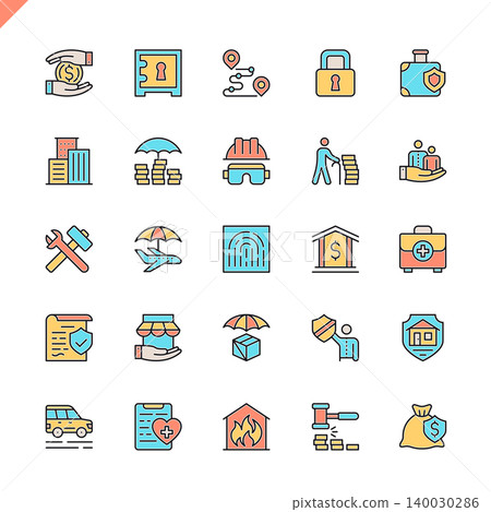 Flat line insurance elements icons set for website and mobile site and apps. Outline icons design. 48x48 Pixel Perfect. Linear pictogram pack. Vector illustration. 140030286