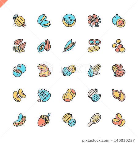 Flat line nuts, seeds and beans elements icons set for website and mobile site and apps. Outline icons design. 48x48 Pixel Perfect. Linear pictogram pack. Vector illustration. 140030287
