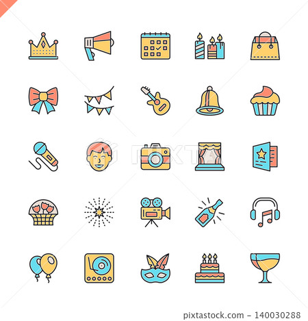 Flat line party, Birthday, celebration elements icons set for website and mobile site and apps. Outline icons design. 48x48 Pixel Perfect. Linear pictogram pack. Vector illustration. Flat line party, Birthday, celebration elements icons set for website and mobile site and apps. Outline icons design. 48x48 Pixel Perfect. Linear pictogram pack. Vector illustration. 140030288