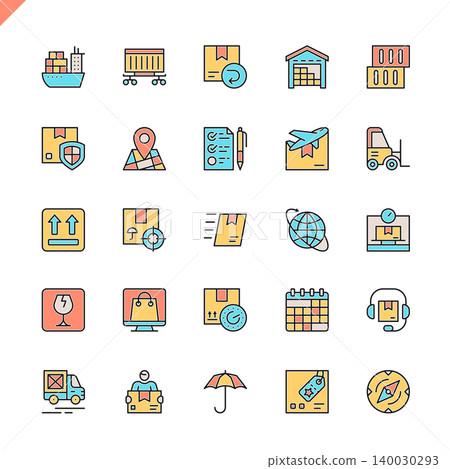 Flat line logistics, delivery, transportation icons set for website and mobile site and apps. Outline icons design. 48x48 Pixel Perfect. Linear pictogram pack. Vector illustration. 140030293