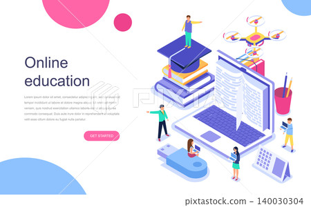 Modern flat design isometric concept of Online Education for banner and website. Landing page template. Graduation, e-learning research, college research, back to school concept. Vector illustration. Modern flat design isometric concept of Online Education for banner and website. Landing page template. Graduation, e-learning research, college research, back to school concept. Vector illustration. 140030304