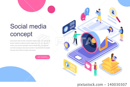 Modern flat design isometric concept of Social Media for banner and website. Landing page template. Virtual communication and media sharing. Vector illustration. Modern flat design isometric concept of Social Media for banner and website. Landing page template. Virtual communication and media sharing. Vector illustration. 140030307