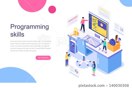 Modern flat design isometric concept of Programming Skills for banner and website. Landing page template. Developer of project team of engineers for website coding. Vector illustration. 140030308