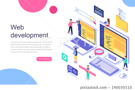 Modern flat design isometric concept of Web Development for banner and website. Landing page template. Teamwork project, web agency and new company project. Vector illustration. Modern flat design isometric concept of Web Development for banner and website. Landing page template. Teamwork project, web agency and new company project. Vector illustration. 140030310