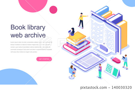Modern flat design isometric concept of Book Library for banner and website. Landing page template. Technology and literature, digital culture on media library. Vector illustration. Modern flat design isometric concept of Book Library for banner and website. Landing page template. Technology and literature, digital culture on media library. Vector illustration. 140030320