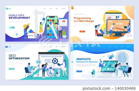 Set of landing page template for web development, SEO, mobile apps, business solutions. Modern vector illustration flat concepts decorated people character for website and mobile website development. Set of landing page template for web development, SEO, mobile apps, business solutions. Modern vector illustration flat concepts decorated people character for website and mobile website development. 140030466