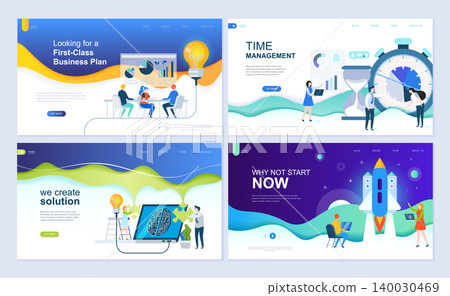 Set of landing page template for business solutions, startup, time management, planning. Modern vector illustration flat concepts decorated people character for website and mobile website development. Set of landing page template for business solutions, startup, time management, planning. Modern vector illustration flat concepts decorated people character for website and mobile website development. 140030469