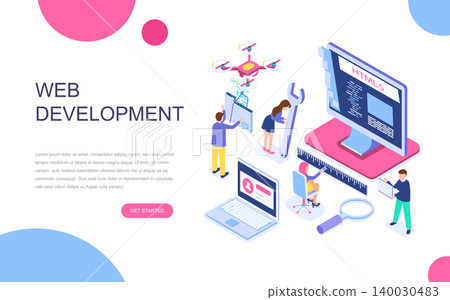 Modern flat design isometric concept of Web Development for banner and website. Isometric landing page template. Developer coding software and programming web site. Vector illustration. Modern flat design isometric concept of Web Development for banner and website. Isometric landing page template. Developer coding software and programming web site. Vector illustration. 140030483