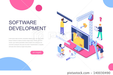 Modern flat design isometric concept of Software Development for banner and website. Isometric landing page template. Developing programming and coding technologies. Vector illustration. Modern flat design isometric concept of Software Development for banner and website. Isometric landing page template. Developing programming and coding technologies. Vector illustration. 140030490