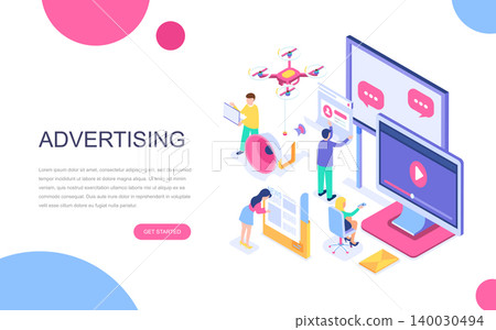 Modern flat design isometric concept of Advertising and Promotion for banner and website. Isometric landing page template. Social media campaign, marketing research. Vector illustration. Modern flat design isometric concept of Advertising and Promotion for banner and website. Isometric landing page template. Social media campaign, marketing research. Vector illustration. 140030494