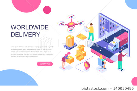 Modern flat design isometric concept of Worldwide Delivery for banner and website. Isometric landing page template. Warehouse, truck, forklift, courier, drone and delivery man. Vector illustration. Modern flat design isometric concept of Worldwide Delivery for banner and website. Isometric landing page template. Warehouse, truck, forklift, courier, drone and delivery man. Vector illustration. 140030496