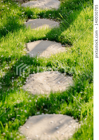Pathway through lush green grass in sunny garden, landscaping backyard concept. Pathway through lush green grass in sunny garden, landscaping backyard concept. 140030705