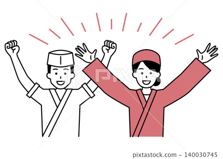A male and female employee of a Japanese restaurant cheers with a "Banzai!" A male and female employee of a Japanese restaurant cheers with a "Banzai!" 140030745