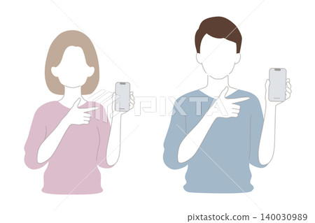Woman and man pointing at smartphones (set) Woman and man pointing at smartphones (set) 140030989