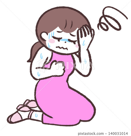 一幅描繪一位滿身是汗的女子坐著的插圖。 140031014
