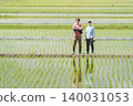 Two farmers standing on the embankment of a rice paddy. Two farmers standing on the embankment of a rice paddy. 140031053