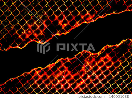 Dark background texture with a wire mesh fence engulfed in flames and a destroyed hole. 140031088