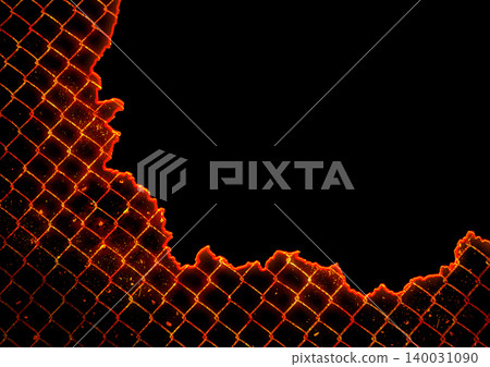 Dark background texture with a wire mesh fence engulfed in flames and a destroyed hole. Dark background texture with a wire mesh fence engulfed in flames and a destroyed hole. 140031090