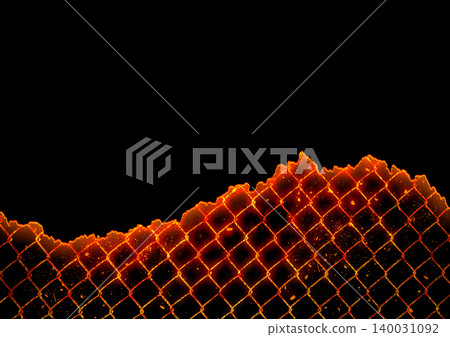 Dark background texture with a wire mesh fence engulfed in flames and a destroyed hole. Dark background texture with a wire mesh fence engulfed in flames and a destroyed hole. 140031092