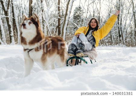 Young woman in a bright yellow jacket is enjoying a snowy day while sitting on a sled, with a brown and white dog standing nearby in a winter forest setting 140031381