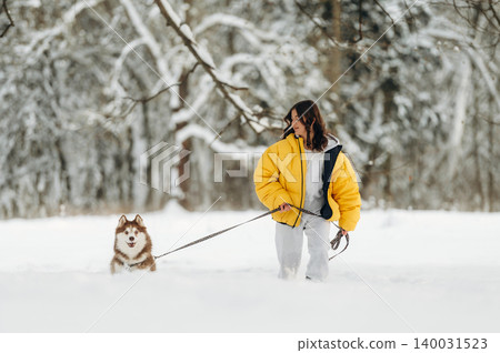 Woman in yellow puffer jacket walking a brown and white dog on a snowy path surrounded by trees in a winter landscape with soft sunlight filtering through branches Woman in yellow puffer jacket walking a brown and white dog on a snowy path surrounded by trees in a winter landscape with soft sunlight filtering through branches 140031523