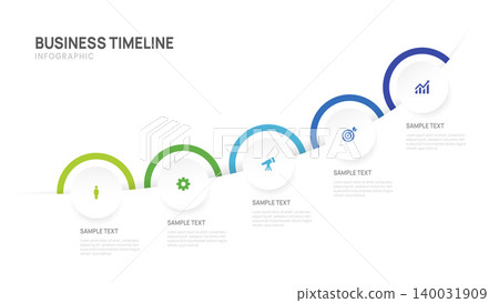 Business Infographic Timeline Template with 5 Step process, label and circle design for business and presentation. Business Infographic Timeline Template with 5 Step process, label and circle design for business and presentation. 140031909