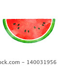 Watercolor-style illustration of a half-moon sliced watermelon. Summer fruit. 140031956