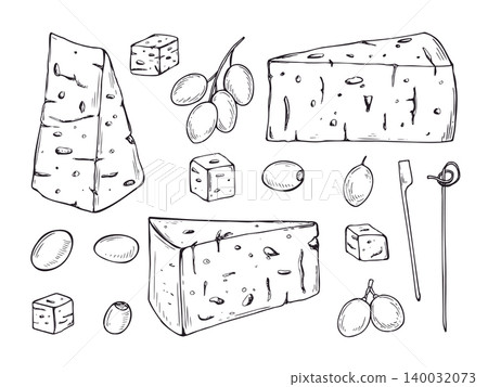 Set of hand drawn cheese pieces, olives, grape clusters and wooden skewers. Fruits and cheese product snack outline illustration. food sketch collection for menu decor, icon and graphic design Set of hand drawn cheese pieces, olives, grape clusters and wooden skewers. Fruits and cheese product snack outline illustration. food sketch collection for menu decor, icon and graphic design 140032073